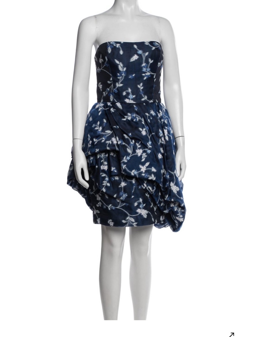 Oscar de la Renta Navy and White Strapless Floral Bubble-Hem Dress